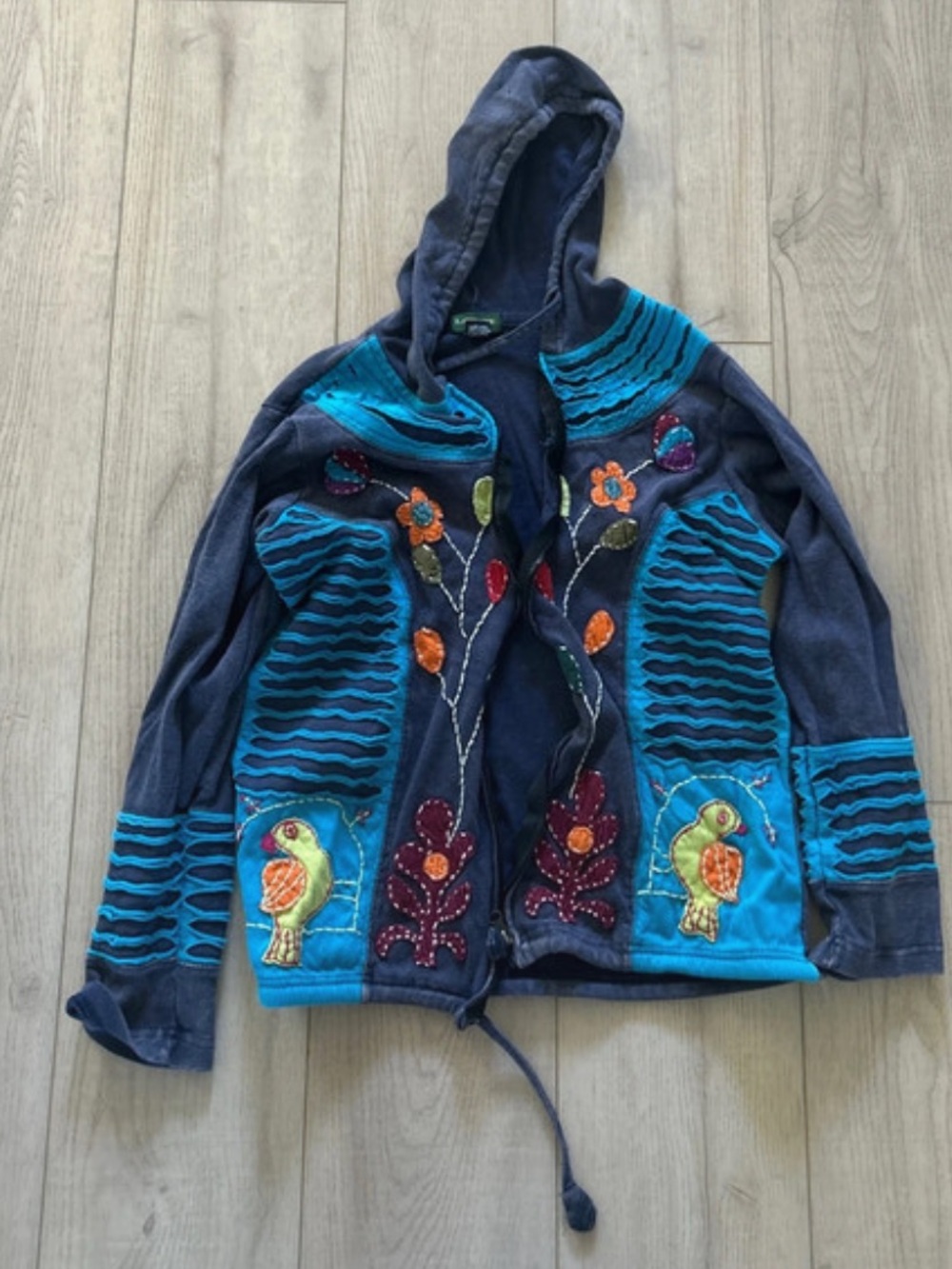 Embroidered Navy Hooded Jacket with Teal Patchwork
